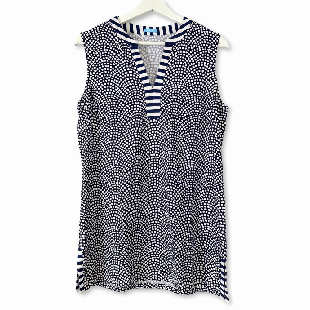 J.McLaughlin Boca Sleeveless V-Neck Navy White Print Band Collar Tunic Top